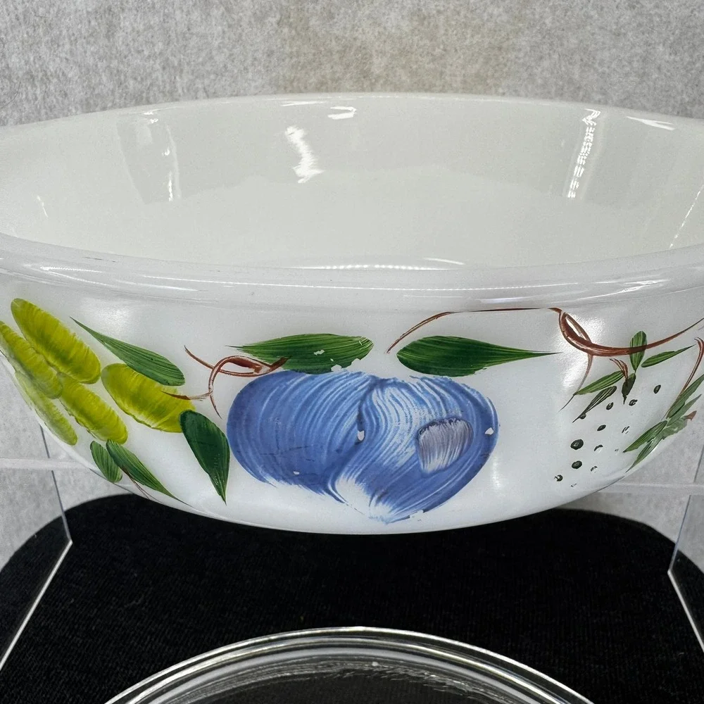 Vintage Fire King Fruit Pattern 2 QT Milk Glass Casserole Dish with Lid